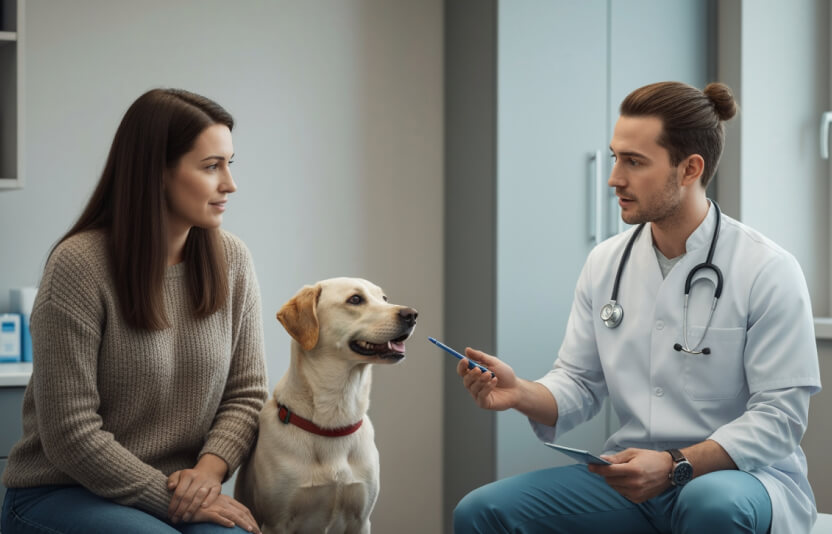 Собака сидит рядом с владельцем, ветеринар объясняет что-то